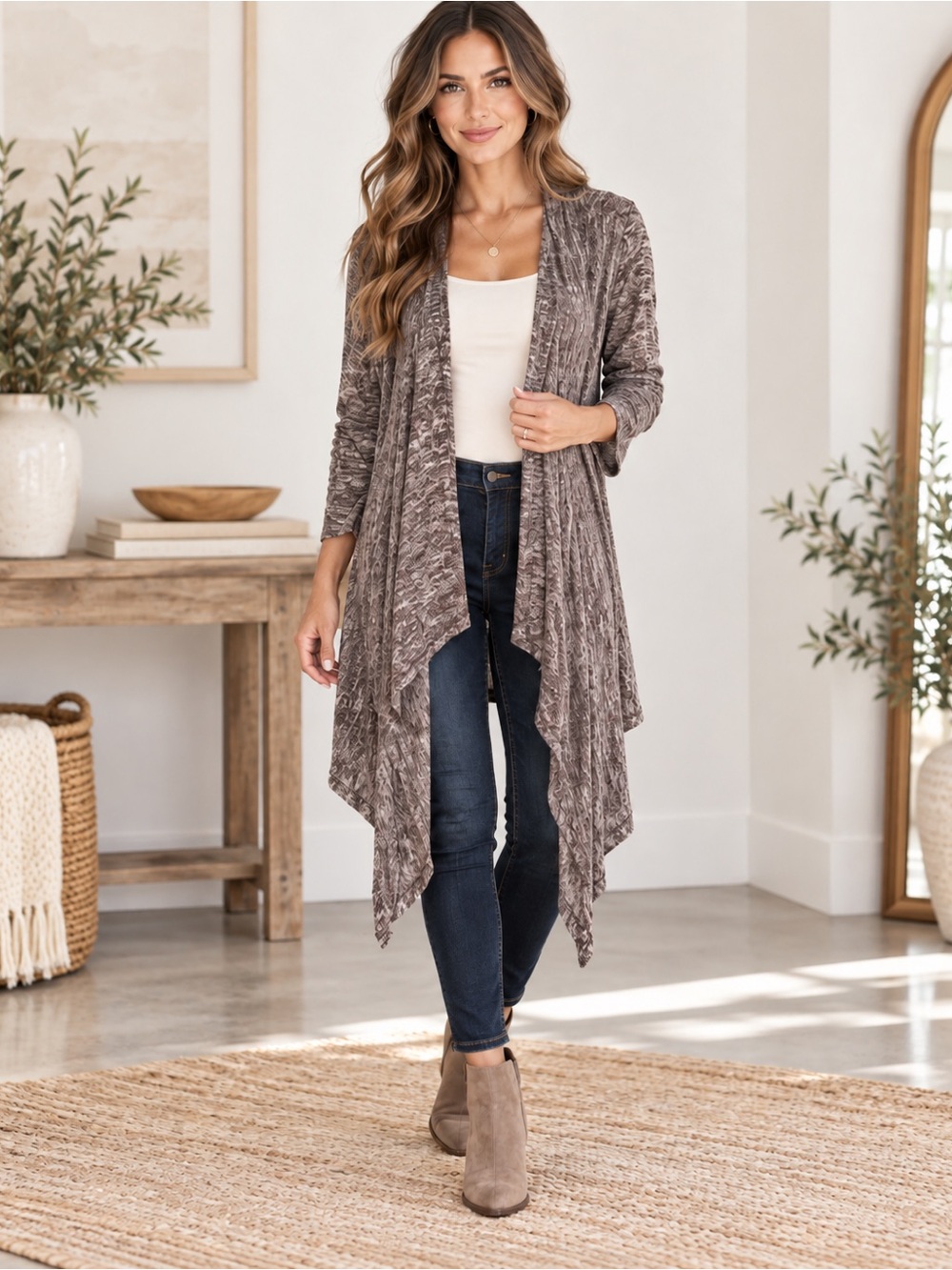 Sophie Max Open Front Cascading Cardigan Heathered Knit Draped Sweater- Small